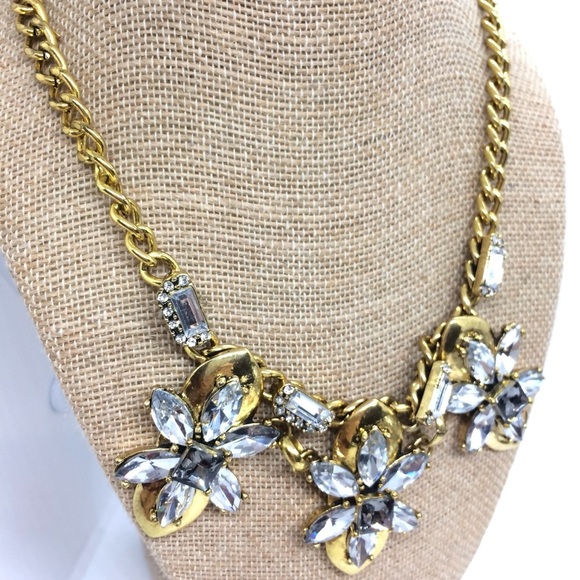RHINESTONE GOLD TONE CRYSTALS STATEMENT NECKLACE FLOWER FLORAL COLLAR BLING - Picture 4 of 16
